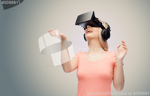 Image of woman in virtual reality headset or 3d glasses