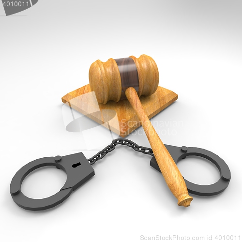 Image of handcuffs and gavel 3d illustration
