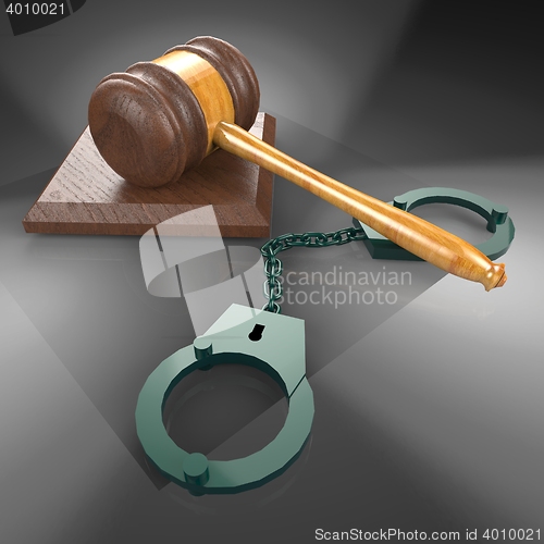 Image of handcuffs and gavel 3d illustration