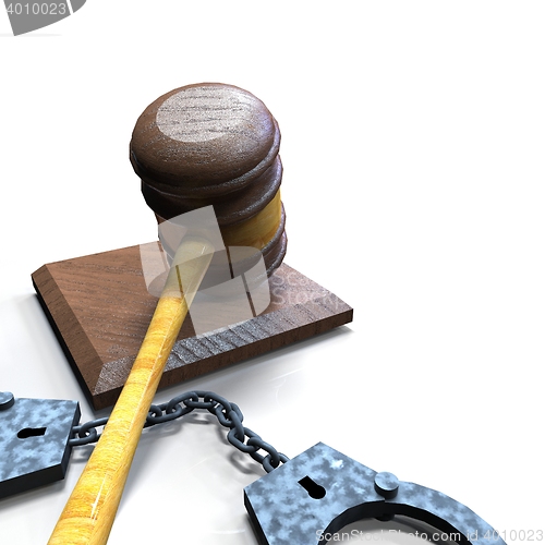 Image of handcuffs and gavel 3d illustration