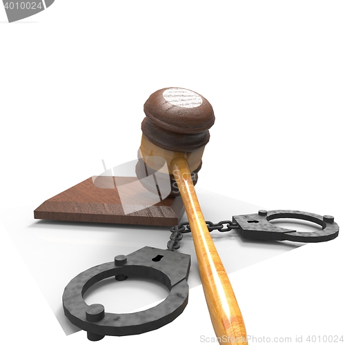 Image of handcuffs and gavel 3d illustration