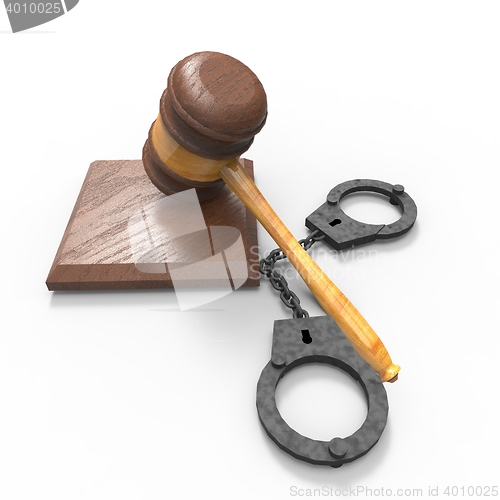 Image of handcuffs and gavel 3d illustration