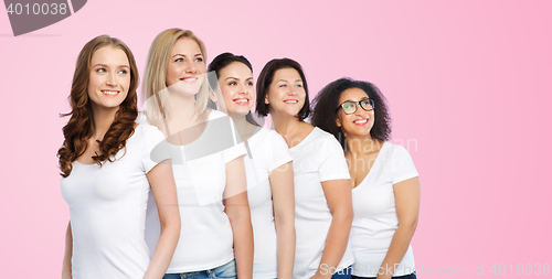 Image of group of happy different women in white t-shirts