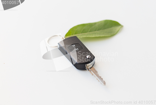 Image of close up of car key and green leaf