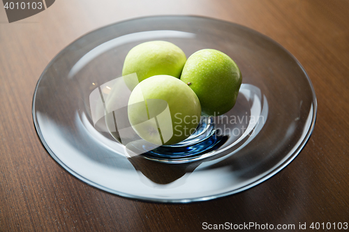 Image of close up of green apples on glass plate