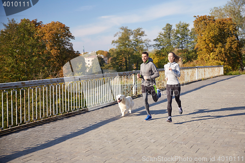 Image of happy couple with dog running outdoors