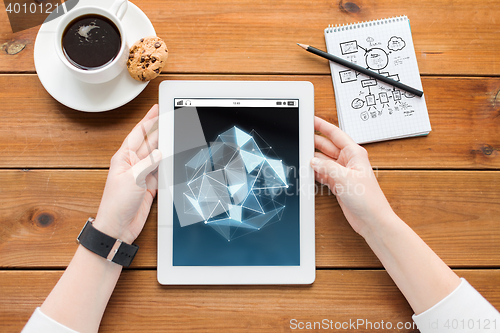 Image of close up of woman with tablet pc on wooden table