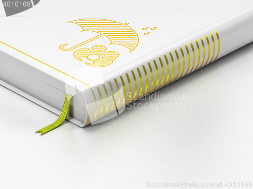 Image of Security concept: closed book, Family And Umbrella on white background