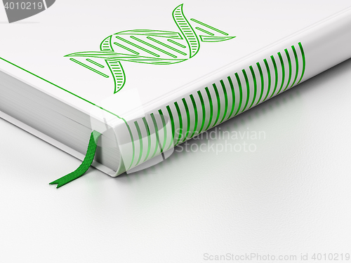 Image of Science concept: closed book, DNA on white background