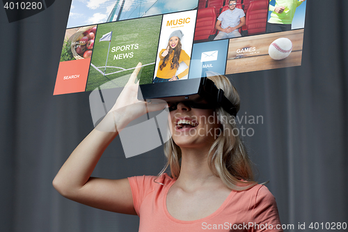 Image of woman in virtual reality headset or 3d glasses