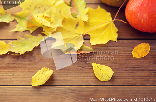 Image of close up of pumpkins on wooden table at home