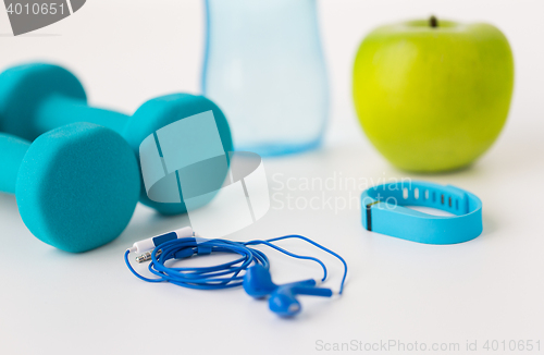 Image of close up of dumbbells, pulse tracker and earphones