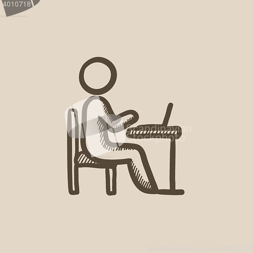 Image of Businessman working on laptop sketch icon.