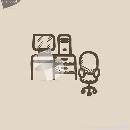 Image of Computer set with table and chair sketch icon.