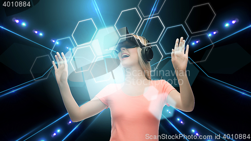 Image of woman in virtual reality headset or 3d glasses