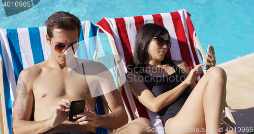 Image of Young couple using phones at the swimming pool