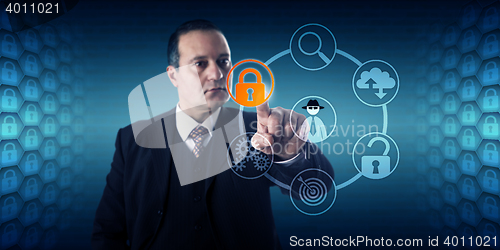 Image of Businessman Activating Lock For Fraud Prevention