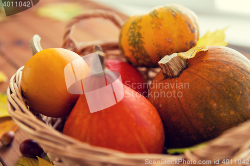 Image of close up of pumpkins in basket on wooden table