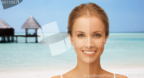 Image of close up of beautiful woman with half face tanned