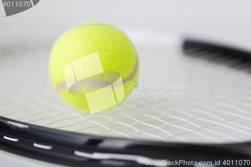 Image of close up of tennis racket with ball