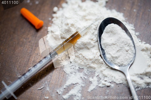 Image of close up of spoon and syringe with drug dose