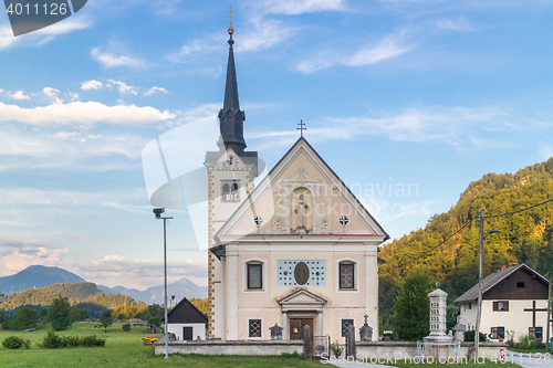 Image of Catholic church in Bohinjska bela village, Bled, Slovenia.
