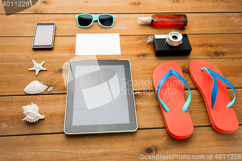Image of close up of tablet pc and travel stuff