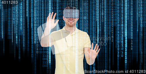 Image of happy man in virtual reality headset or 3d glasses