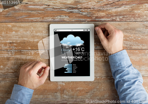 Image of close up of male hands to tablet pc on table