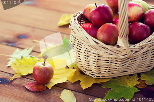 Image of close up of basket with apples on wooden table