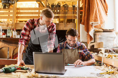 Image of carpenters with laptop and blueprint at workshop