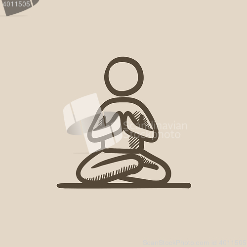 Image of Man meditating in lotus pose sketch icon.