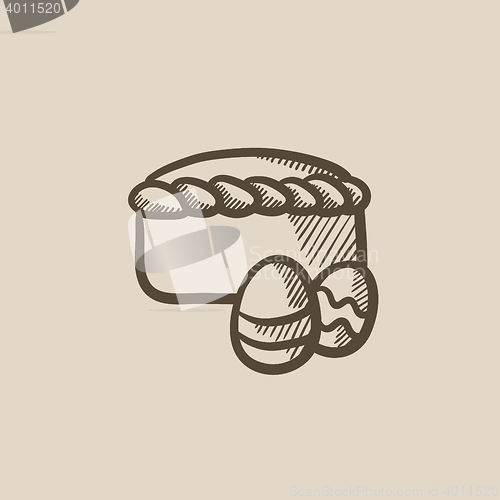 Image of Easter cake with eggs sketch icon.