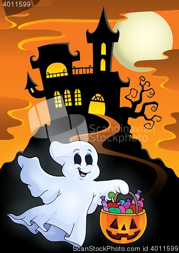 Image of Halloween ghost near haunted castle