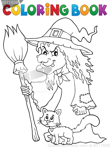 Image of Coloring book witch with cat and broom