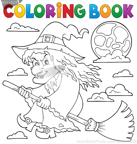 Image of Coloring book witch on broom theme 1