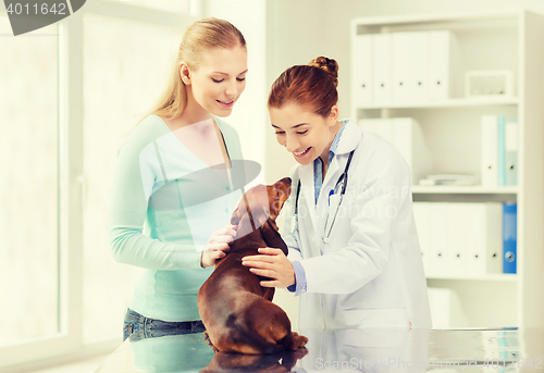 Image of happy woman with dog and doctor at vet clinic