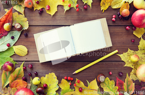 Image of empty note book with pencil and autumn leaves