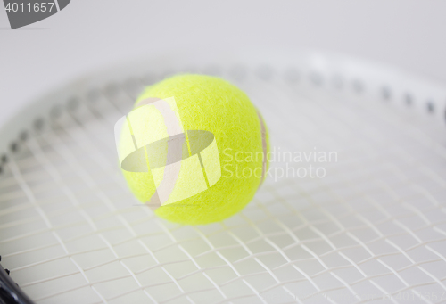 Image of close up of tennis racket with ball