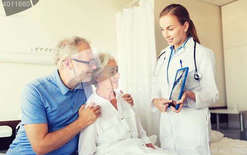 Image of senior woman and doctor with tablet pc at hospital