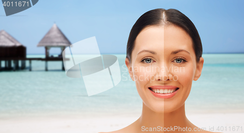 Image of close up of beautiful woman with half face tanned