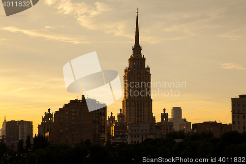 Image of sunset cityscape with tower in Moscow, Russia