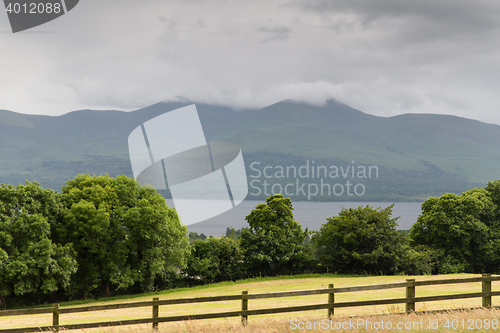 Image of view to lake and farmland at connemara in ireland