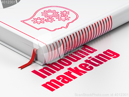 Image of Advertising concept: book Head With Gears, Inbound Marketing on white background