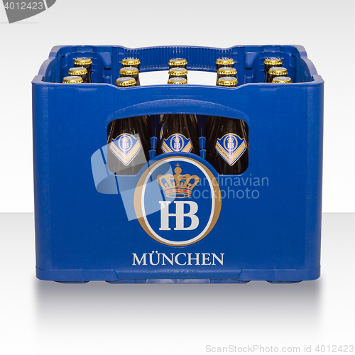 Image of Crate of traditional classic German beer Bavarian brewery HB Munich