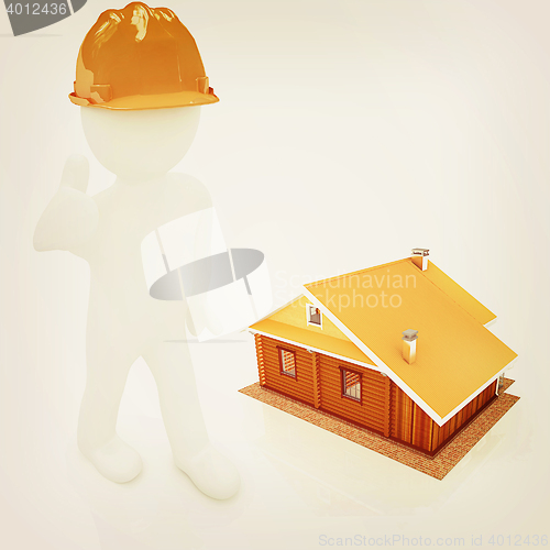 Image of 3d architect in a hard hat with thumb up with real plans. 3D ill