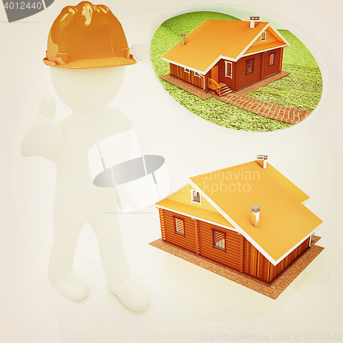 Image of 3d architect in a hard hat with thumb up with real plans. 3D ill