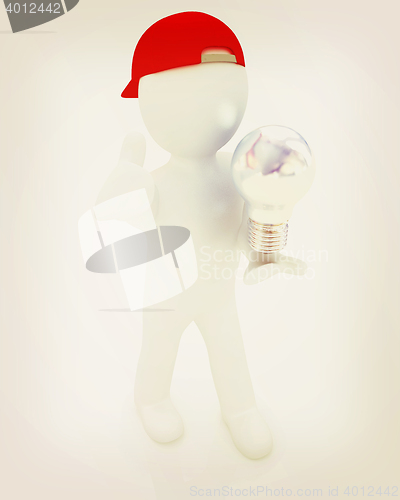 Image of 3d man with light bulb. 3D illustration. Vintage style.