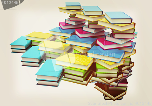 Image of colorful real books. 3D illustration. Vintage style.