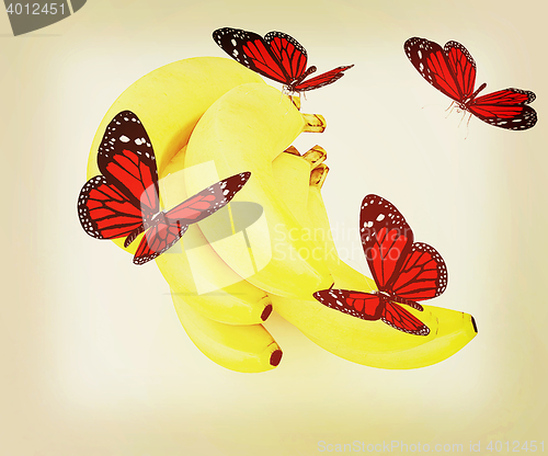 Image of Red butterflys on a bananas. 3D illustration. Vintage style.